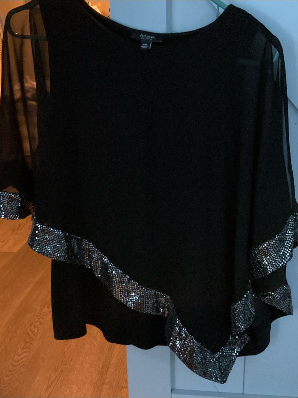 MSK Black Blouse with Silver Sequin Trim Pant Set Sheer